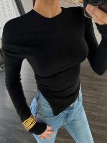 DAZY Women's Solid Color Ruched Asymmetric Hem Fitted Casual T-Shirt Fall Tops