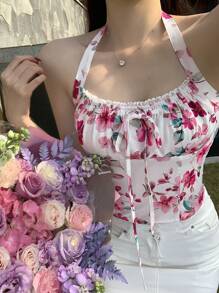 DAZY Women's Vacation Beach Ditsy Floral Lace Patchwork Spaghetti Strap Backless Crop Camisole Top For Spring/Summer,Boho Top - White - View 5