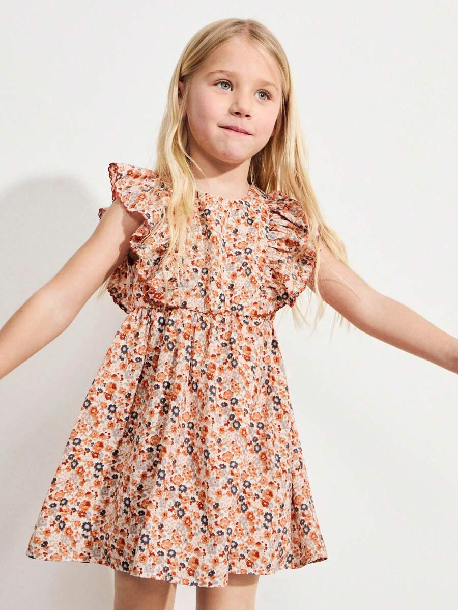 SHEIN Young Girls' Round Neck Rivet Ruffled Cap Sleeves A-Lined Woven Pink Dresses - Pink - View 1