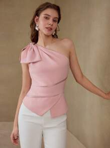MOTF PREMIUM BLUSA CON DECORACIÓN DE MOÑO DE UN SOLO HOMBRO - Rosa Pálido - Ver 6