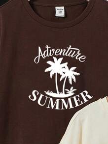 SHEIN EZwear 3 件装休闲纯色校园风椰子树印花圆领短款宽松女式短袖 T 恤，适合夏季 - 彩色 - 查看 4