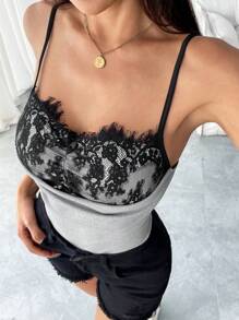 Chiquease Lace Patchwork Contrast Color Fitted Spaghetti Strap Ruffle Collar Bust Pleated Sexy Elegant Chic Y2K Glamorous Romantic Playsuit For Women, Spring/Summer - Grey - View 6