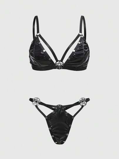 Dark Gothic Rock Punk Rivet Star Shiny PU Wireless Lingerie Set