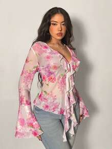 Firerie 女式花卉 V 领荷叶边长袖透明衬衫上衣，适合情人节、音乐会、表演、约会、派对、婚礼、性感、优雅、通勤、返校、度假、海滩、浪漫 - 彩色 - 查看 5