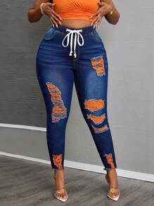 SHEIN SXY Jeans de talla grande de mezclilla desgastados de alta elasticidad con cordón de malla de colores en la cintura, ajuste entallado