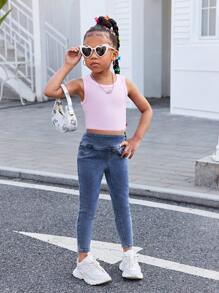 SHEIN Young Girl Y2K Blue Elastic Denim Leggings,Spring And Summer Girls Casual Vacation Hobo Wear - Dark Wash - View 3