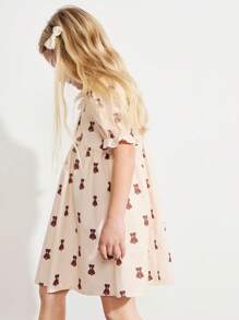 SHEIN Young Girls Embroidery Collar Cute Yellow Bear Print Lantern Sleeve Loose Hem Dresses, Vacation Style - Yellow - View 5