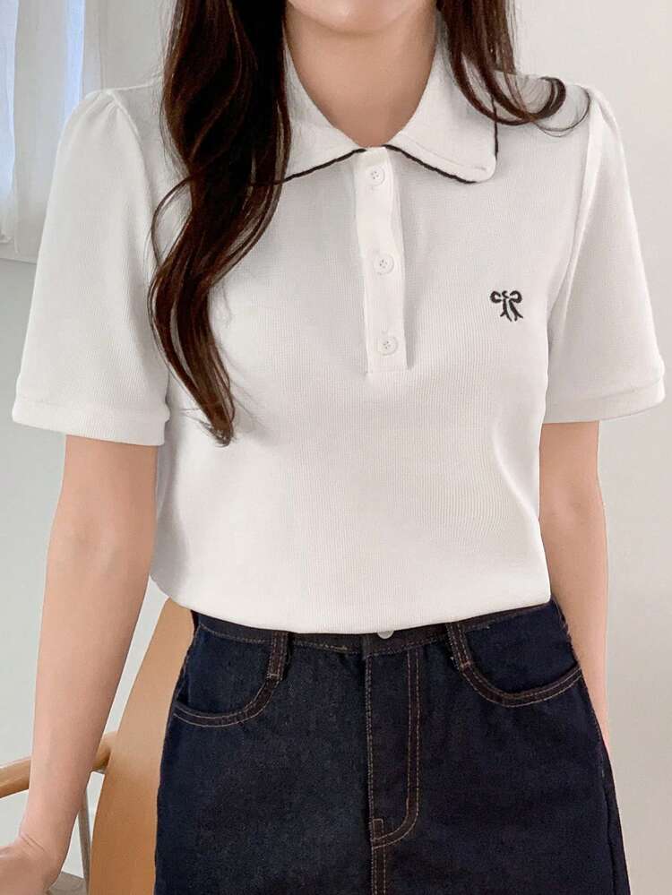 Women's Contrast Color Embroidery Bowknot Collar Ruffle Short Sleeve T-Shirt