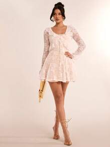 SHEIN BAE 2 Peças/Conjunto Vestido Elegante de Mulher com Recortes de Renda e Cor Sólida, Manga Bufante Romântica, Estilo Princesa Doce, Adequado para Coquetel, Encontro Romântico, Sobreposição de Outono/Inverno, Festa, Reunião Formal, Noite Fora, Vestido de Convidado de Casamento, Halloween, Natal - Branco - Visão 8