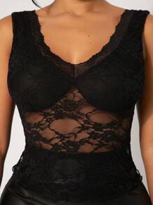 SHEIN SXY Solid Black Sexy Lace See-Through Tank Top, Versatile Layering Piece, Suitable For Music Festivals, Everyday Wear, Parties, Clubs, Dates, Vacations, Beaches, Swimsuit Cover-Ups, Spring/Summer
