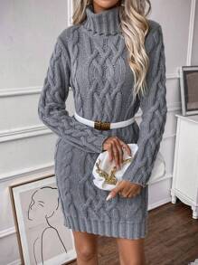 SHEIN Clasi 女士高领扭纹长袖针织毛衣裙，秋冬