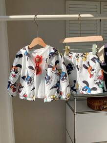 SHEIN 2 Pieces Set Baby Boy Cute Cartoon Pattern Hoodie Jacket And Shorts Casual Holiday Outfit, Spring & Summer