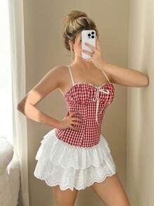 Sweetina Women's Y2k Spring Summer Outfits For Women Camisole Contrast Red Plaid Mini Dress With Ruffle Hem - Multicolor - View 8