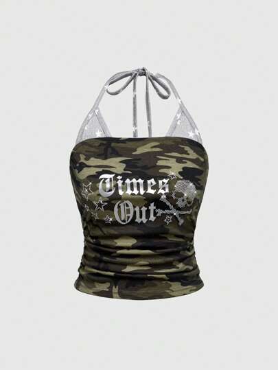 J-Fashion Y2K Harajuku Style Gothic Skeleton Rhinestone Print Halter Top For Women