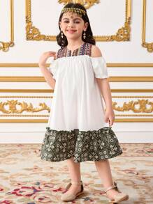 SHEIN Young Girl's Woven Patchwork Color Block Puff Sleeve Cutout Shoulder Dress - White - View 5