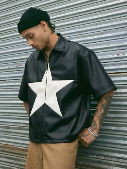 AXEPEAK Camisa de manga corta de PU con cremallera delantera y estampado de pentagrama, ropa urbana de clase