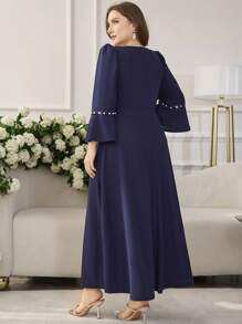 Modelyn Plus Size Long Sleeve Solid Color Bowknot Faux Pearl Decor Arabian Dress - Navy Blue - View 2