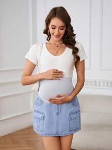 SHEIN Pregnant Women High Waist Colorblock Patchwork Denim Cargo Skirt