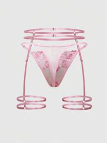 ROMWE Kawaii 3 pezzi/set Reggiseno con imbottitura e slip con ricamo floreale sexy, taglie forti, primavera