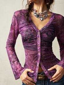 Bohemela Vacation Pattern Women Blouse - Purple - View 3