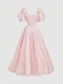 SHEIN MOD 褶饰多层喇叭下摆连衣裙，蝴蝶结装饰，欧根纱面料，梦幻浪漫风格，适合约会、派对、节日、茶会、生日、情人节、女士夏季服装、女士沙滩服装、狂欢节服装、女士度假服装、女士节日服装、女士复活节服装、女士约会之夜服装 - 粉色 - 查看 2