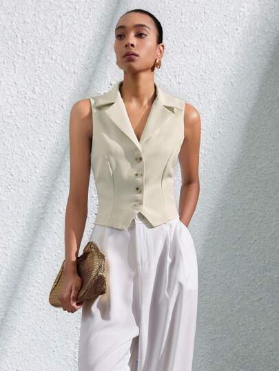 Aveloria Modichic Fashionable Commuter Single-Breasted Lapel Collared Sleeveless Vest With Waistline, Slimming Look, Women Tops Can Be Layered