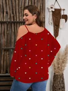 SHEIN LUNE Áo phông hở vai cỡ lớn in hình trái tim ngày lễ tình nhân, giản dị tối giản, in toàn bộ, mùa xuân và mùa thu - Nhiều màu - Xem 2