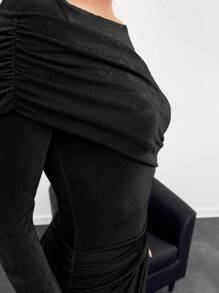 Aloruh Women Sparkly Ruched Wrap Khaki Gold Knit Bodycon Mermaid Maxi Party Dress - Black - View 3