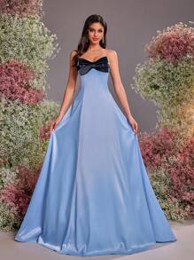 Glamrae Elegant, Romantic, Fashionable And Simple, Spring And Summer Blue Satin Bow Decor A-Line Dress, Graduation Dress, Wedding, Festival, Dance, Vacation, Formal Evening Dress, Wedding Guest Dress, Party Dress,Graduation,Teacher Outfits For Women,Teacher Dress