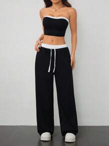 SHEIN PETITE Conjunto de dos piezas para mujer de verano: top tubo sexy de bloques de color + pantalones de cintura alta con cordones