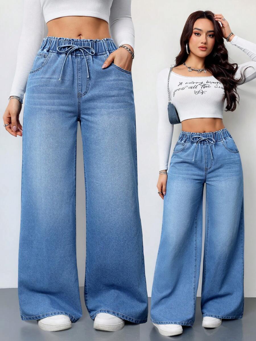 SHEIN Tall Women's Jeans Casual High Waist Wide Leg Trousers Blue Women's Jeans Women's Summer Clothing Elastic Waistband Jeans Jeans Casual Loose Straight Pants Tall Pants Women  Tall Women - Light Wash - View 1