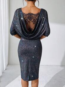 Ellevyn Women Lace Draped Neck Bodycon Dress, Wedding Dress For Party And Date - Black - View 8