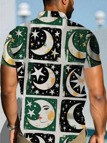 Manfinity Dauomo Men's Casual Star & Moon Print Short Sleeve Shirt, Summer - Multicolor - View 2