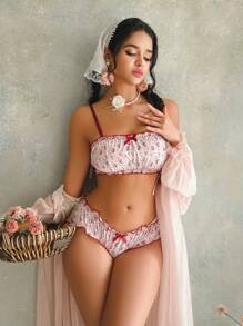 Rose Floral Print Bow Decor Ribbon Trim Women's Lingerie Set - Pink - View 3