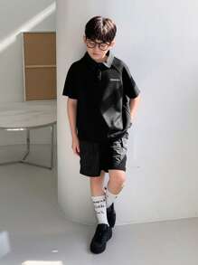 Dazy Kids 2 件套青少年男孩休闲简约短袖衬衫和短裤套装，时尚日常穿着 - 灰色 - 查看 7