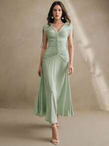 Anewsta Women's Rope Knitted V-Neck Ruched Waist Dress, Fashionable Outfits For Festival, Going Out, Vacation, Spring/Summer - Green - View 6