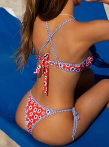 Swim Vcay Springbreak Women Multicolor Random Print Push-Up Side Tie Cute Bikini Set, Festival Boho For Summer Beach Vacation - Multicolor - View 2