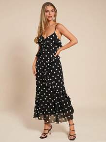 Amorya Women Long Polka Dot Dress, Black & White Sleeveless Ruffle Hem Fishtail Bodycon Elegant Dress For Casual, Date, Spring & Summer Fall/Winter Women Clothes Back To School Modest Vintage Old Money Teacher Outfits For Women Airport Summer Holiday Outfits Black Dress  Polka Dot Top - Black and White - View 3