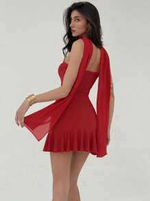 Aloruh 女士红色浪漫情人节蝴蝶结紧身迷你连衣裙 - 紅色 - 查看 2