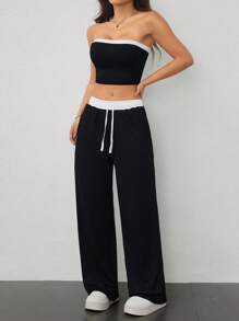 SHEIN PETITE Conjunto de dos piezas para mujer de verano: top tubo sexy de bloques de color + pantalones de cintura alta con cordones