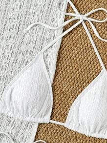SHEIN Swim 3pcs Spring Break White Lace Triangle Halter Sexy Summer Beach Vacation Bikini Set Swimwear & Skirt, For Women