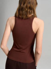 Ontre Camiseta de tirantes básica de estilo clásico, de cuello redondo, de punto elástico acanalado, con decoración de monedas vintage marrón, para mujer