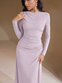 Veilorie Vestido ajustado de manga larga con cuello redondo y drapeado en color liso para mujer