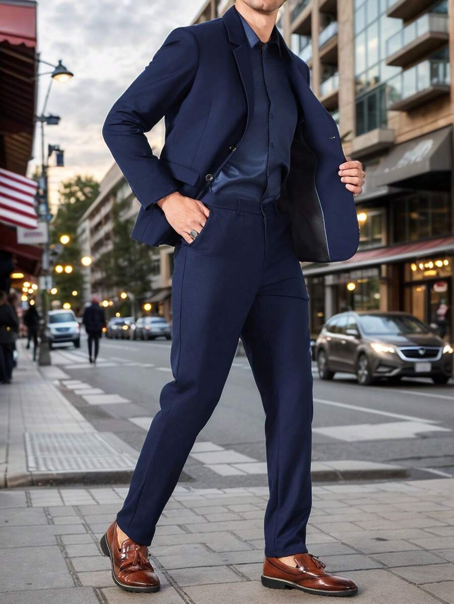 Calvornis 2pcs Men's Solid Color Button Front Long Sleeve Suit Jacket And Pants Set With Pockets - Navy Blue - View 1