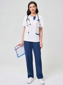 TaskEZ Contrasting Patchwork Short Sleeve Top And Pants Scrub Uniform Set