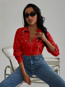 Aveloria Modichic 女士长袖衬衫，带有钻石装饰，优雅商务休闲女士纽扣衬衫 - 紅色 - 查看 4