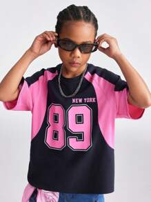 SHEIN Tween Girls Baby Spring/Summer Streetwear Sportswear Number Pattern Patchwork Pink Over Size T-Shirt, Jersey For Girls, Teen Girl Clothes T Shirt Pink 89 Number Pattern Girl Casual Simple Short-Sleeved Round Neck Color Matching T-Shirt, Suitable For Summer - Multicolor - View 4