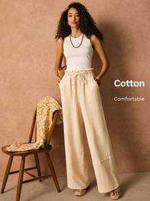 Poéselle 休闲高腰荷叶边阔腿裤，配有抽绳腰带 - 配有侧袋和柔软舒适的材质，这些裤子非常适合夏季休闲、轻松外出和轻松风格