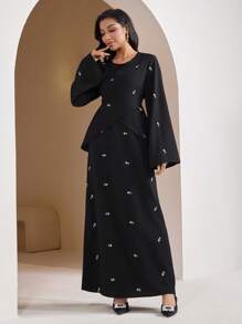 Veilorie Women's Ditsy Floral Embroidery Flare Sleeve Cross Wrap Blouse And Dress Set, Arabic Style Outfits