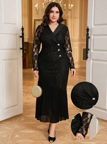 Modelyn Vestido de talla grande elegante para fiesta de unicolor con parches de encaje y plisados - Negro - Ver 2